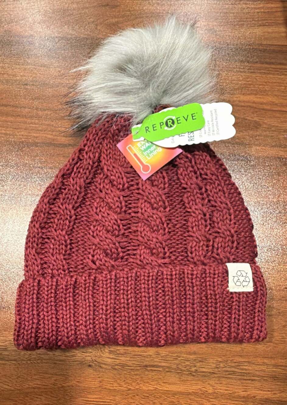 Repreve Cable Knit Beanie Burgundy Faux Fur Pom